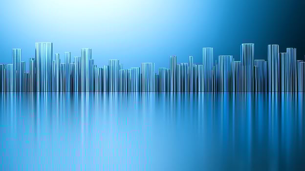 Abstract city skyline with blue lights and reflections photo
