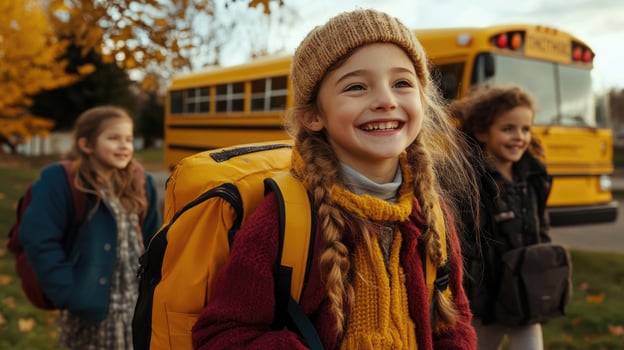 Three children walk together on a crisp autumn afternoon, wearing colorful clothing and backpacks, enjoying their time after school near a yellow bus photo
