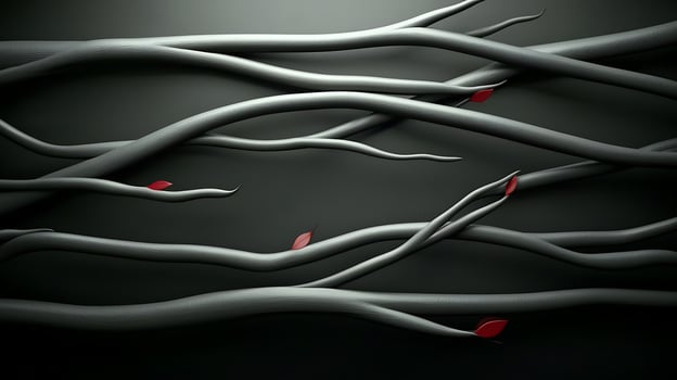 A black wall with branches and red leaves photo