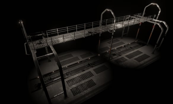 View of steel bridge and walkway in military base in dark scene photo