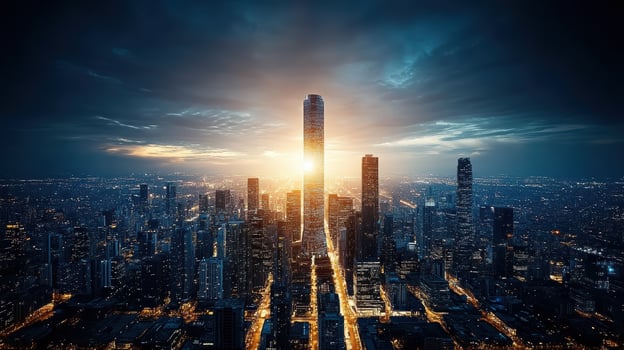 The sun is shining over a city skyline at night photo