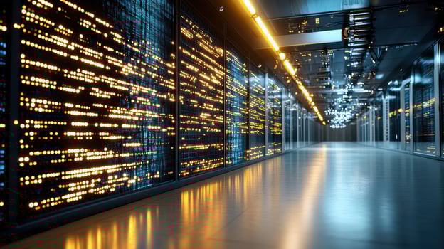 A long hallway with rows of data on the wall photo