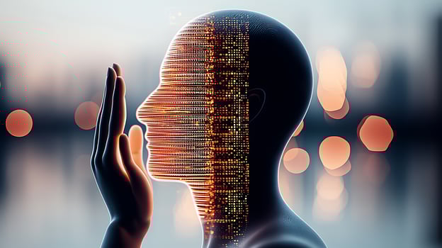 A person's head is covered with glowing lines photo