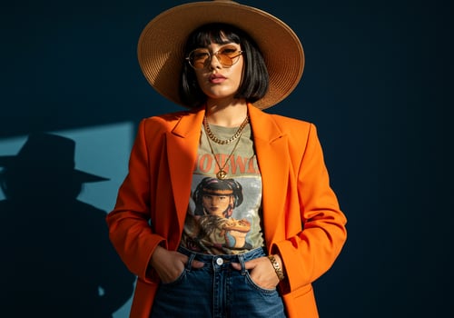 A woman wearing an orange jacket and hat photo
