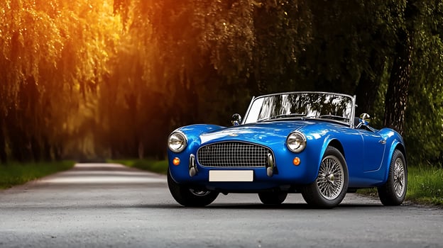 A classic blue sports car driving down a road photo