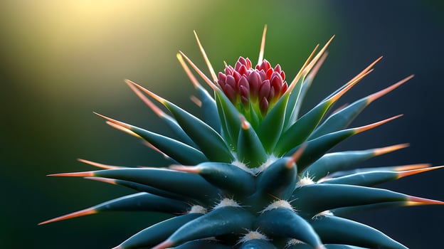 Close-up of a vibrant cactus with blooming red flowers under soft sunlight in a blurred background photo