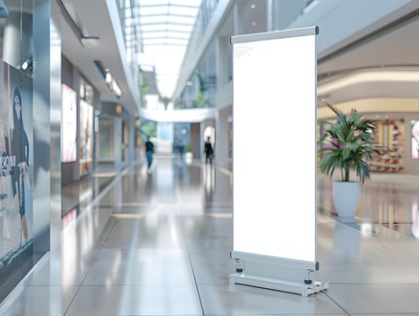 A white roll up banner in a shopping mall photo