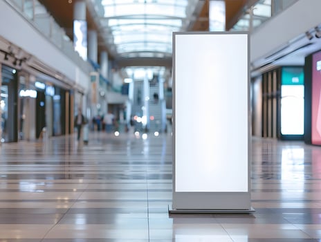A white blank sign is standing in a mall photo