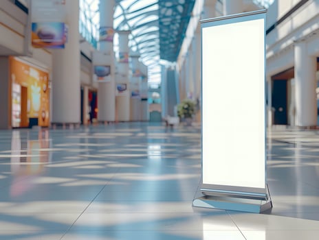 A blank roll up banner stands in a large mall photo