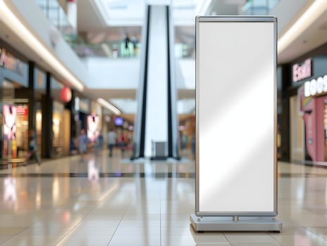 A white blank roll up sign in a mall photo