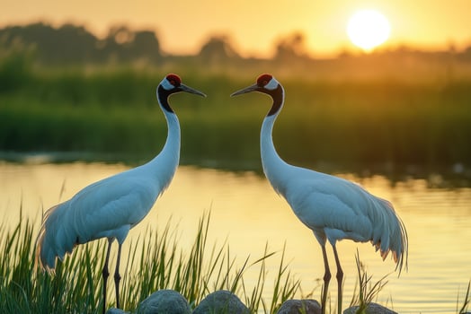 Majestic cranes standing by the water at sunset. photo