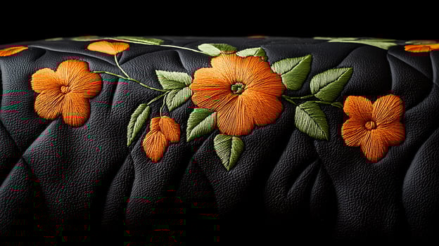 A close up of a black bag with orange flowers photo
