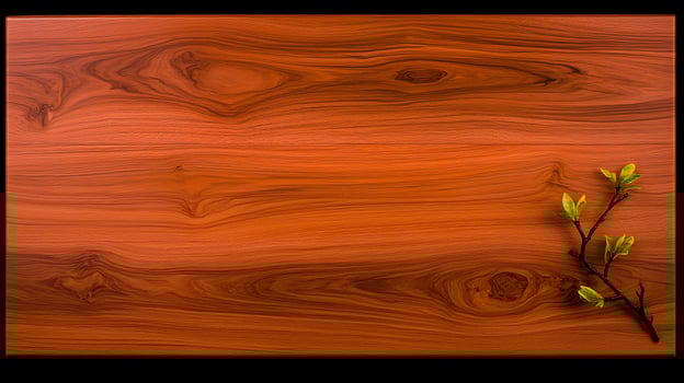 A wooden cutting board with a branch on it photo