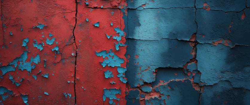 Red and blue grunge wall texture presenting distressed urban background with open negative space for graphic design projects photo