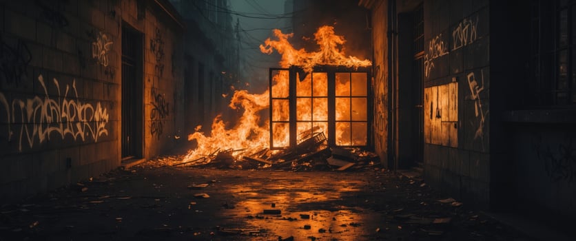 Flames engulfing a window in a dark space at night creating a dramatic and intense atmosphere of destruction photo
