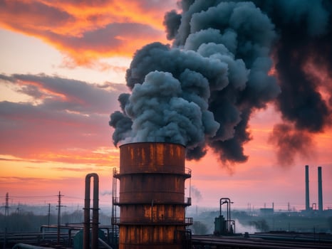 Close up of industrial smokestack emitting thick black smoke at sunset. photo