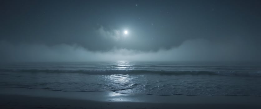 Mysterious fog rolls across a dark ocean surface during nighttime hours. photo