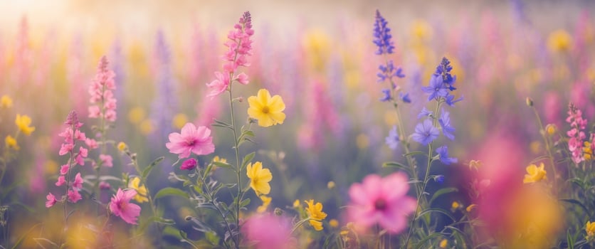 Vibrant Pink Purple Yellow Flower Field Soft Lighting. photo