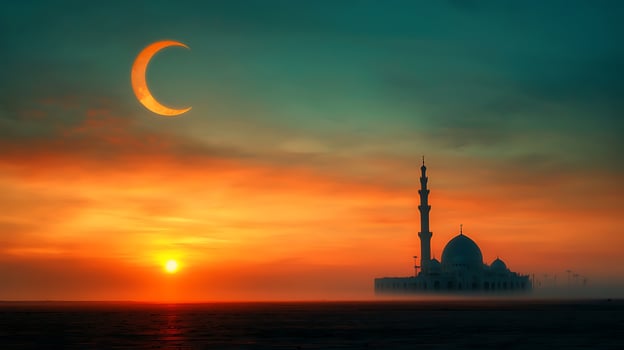 The sun rises over a mosque and crescent photo