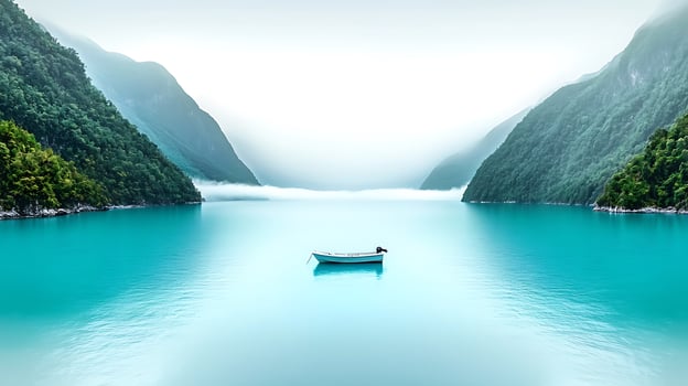 A boat floating in a lake surrounded by mountains photo