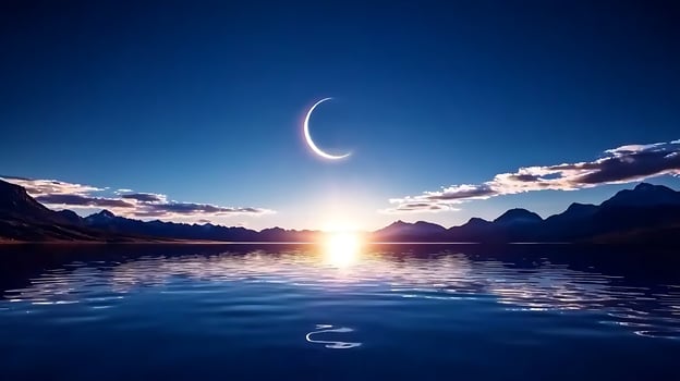 A crescent moon is seen over a lake photo