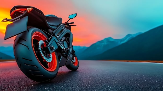 A motorcycle is parked on the road at sunset photo