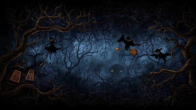 Halloween wallpaper with witches flying over a dark forest photo
