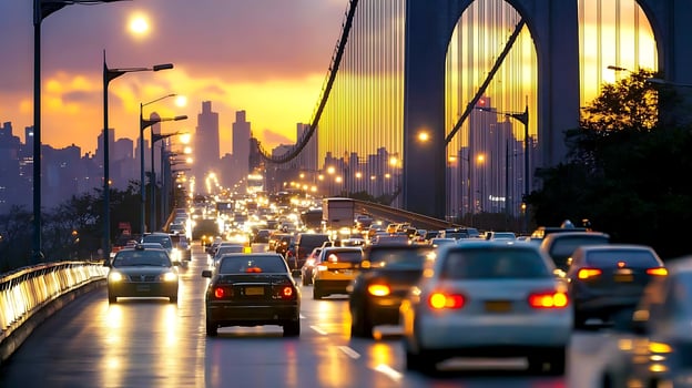 Cars are driving on the road at sunset photo