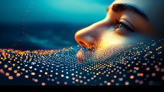 A woman's face is surrounded by dots photo