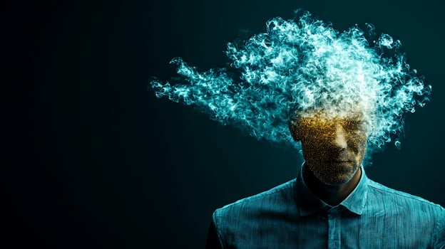 A man with a glowing head and smoke coming out of his head photo