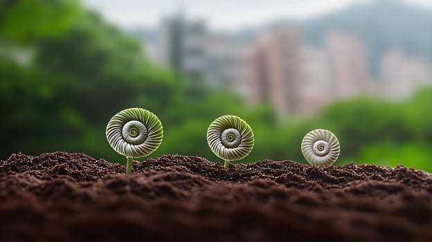 Three green plants growing in the dirt photo