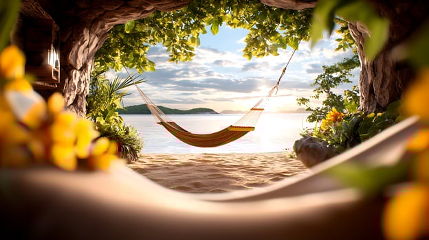 A hammock is hanging in a tunnel on the beach photo