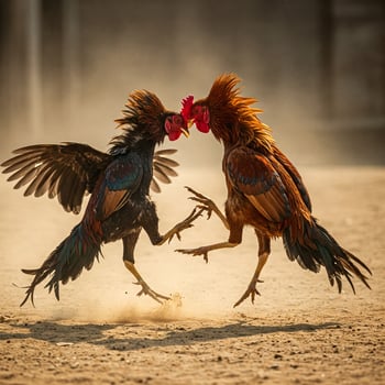 Two roosters fighting in the dirt photo