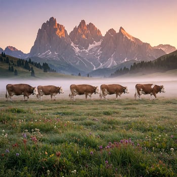 A herd of cows walking in a field with mountains in the background photo