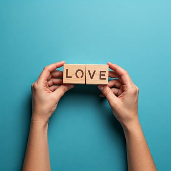 Woman's hands holding wooden blocks with the word love on blue background photo