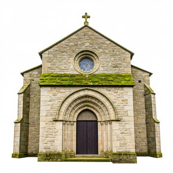 A church with a green mossy roof and a door photo