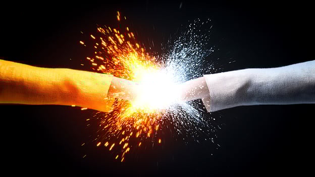 Two hands are holding each other with sparks coming out photo