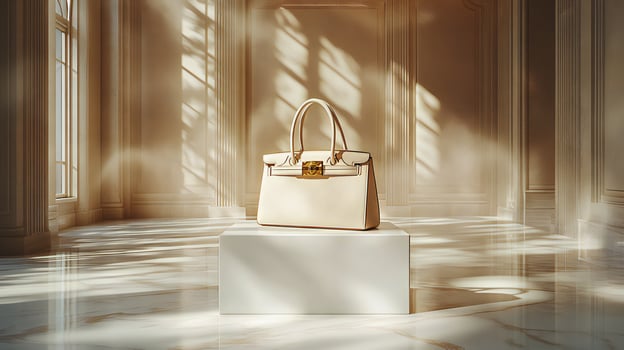 A white purse sitting on a white pedestal photo