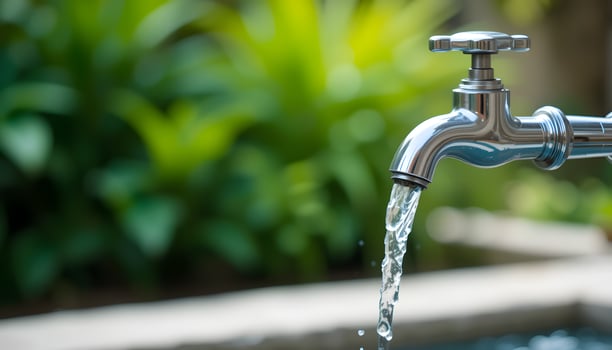 Metallic Faucet with Clear Water Stream and Green Foliage photo