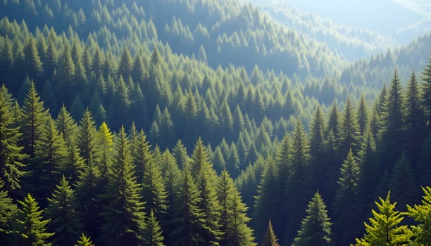 Dense Forest of Evergreen Trees Covering Hills with Sunlight Filtering Through for Nature and Environmental Themes photo