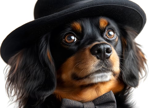 Charming Dog in a Black Bowler Hat and Bow Tie - Portrait for Greeting Cards or Posters photo