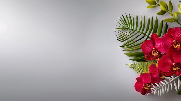 A bouquet of red orchids and palm leaves photo