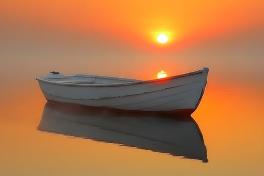 Serene Sunrise Reflections with Lonely Boat on Calm Water - Tranquil Moment for Meditation or Wall Art photo