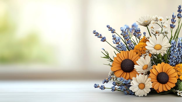 A bouquet of flowers sitting on a table photo