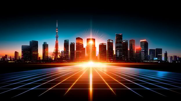 An abstract cityscape with a bright light shining through it photo