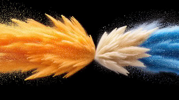 Two blue and orange powder being blown up photo