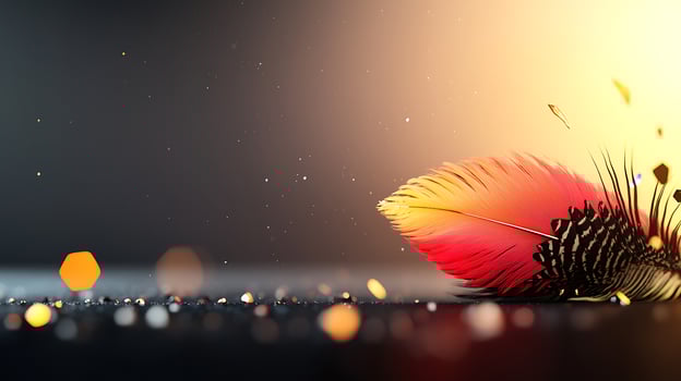 A red and black feather is flying in the air photo