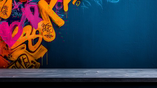 A table with a chair in front of a wall with graffiti photo