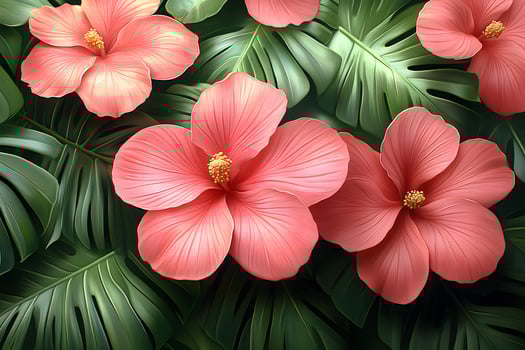 Tropical Floral Pattern with Pink Hibiscus and Green Monstera Leaves for Summer Design photo