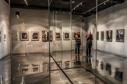 Two people looking at photographs in an art gallery photo